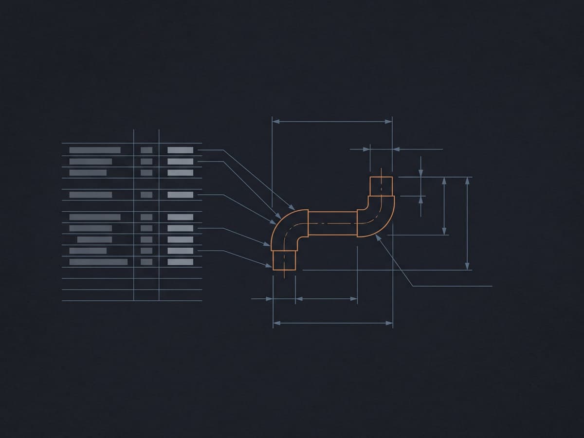 Line drawing of a pipe run with two elbows and dimension lines, with rows of a table linked to each pipe part by leader lines.