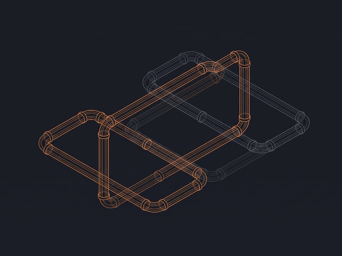Isometric wireframe of an orange pipe run with a grey copy of the same run sitting offset behind it.