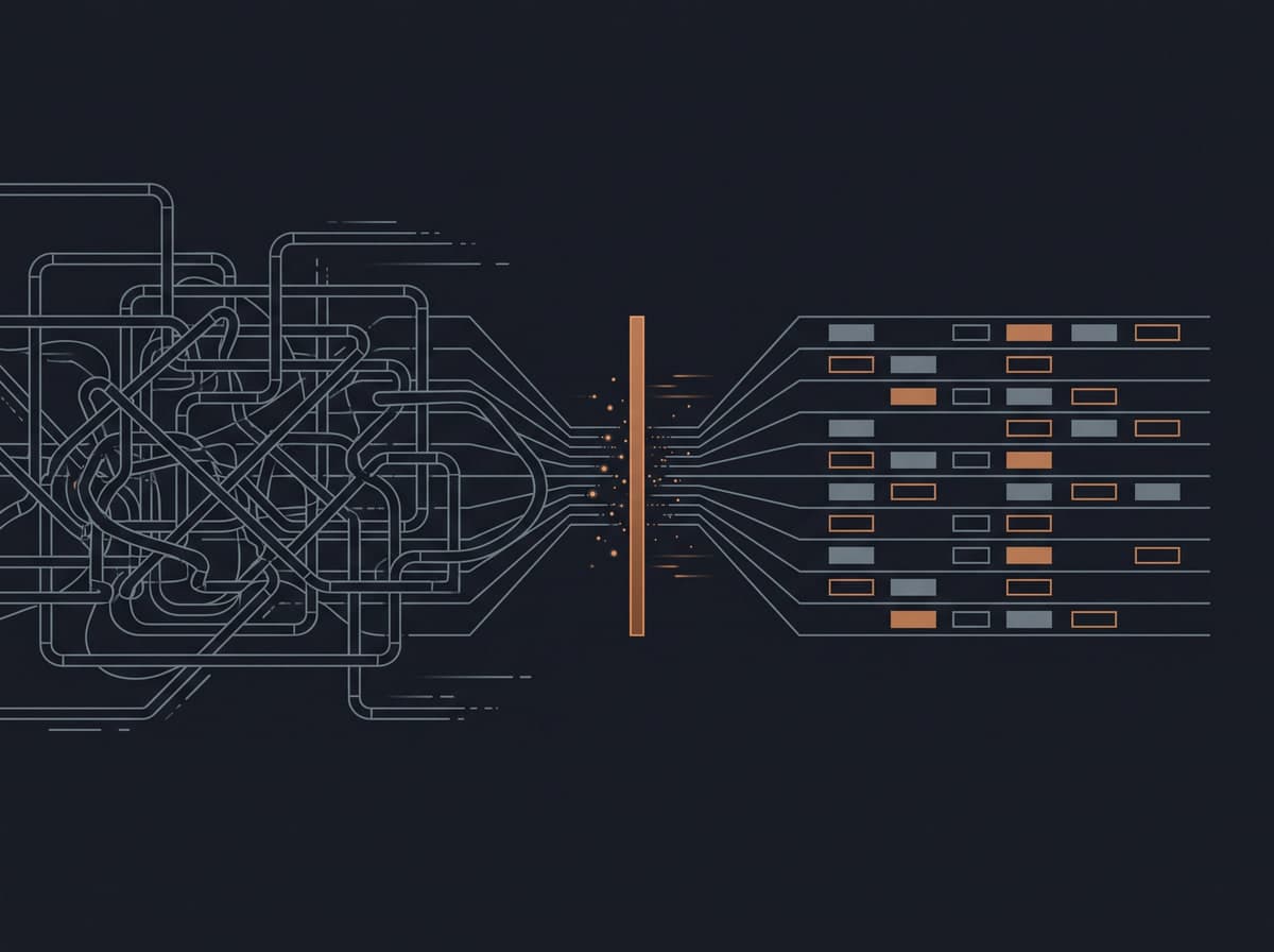 Line drawing of a tangle of pipe runs passing through a single copper gate and coming out as ordered rows of table cells.
